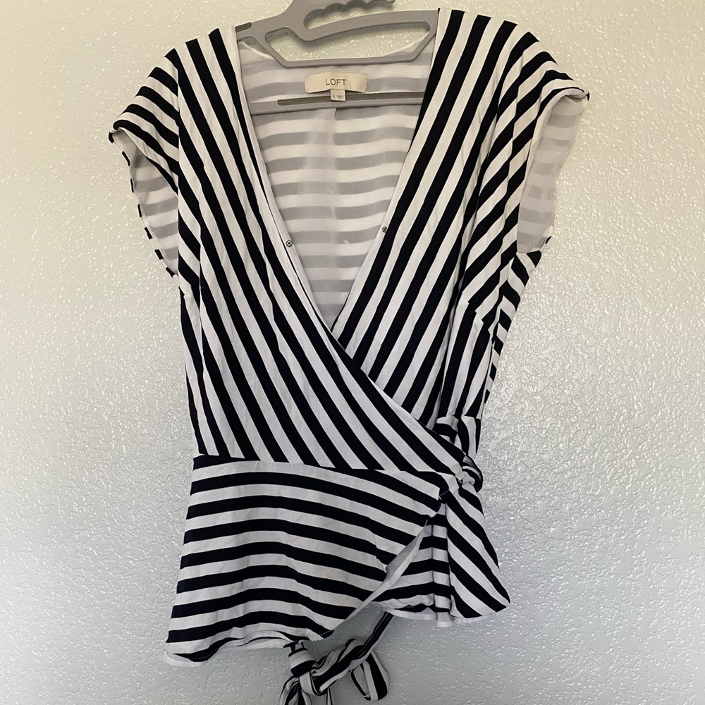 LOFT Gray and White Striped Top